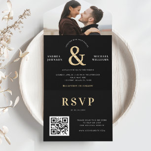 Modern Photo & Gold Ampersand Wedding QR Code All In One Invitation