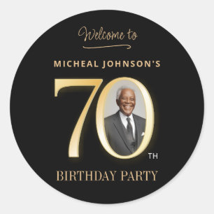 Modern Photo Gold and Black 70th Birthday Party Classic Round Sticker