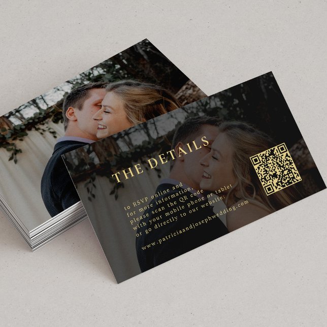 Modern photo gold black wedding details QR code Enclosure Card (Creator Uploaded)