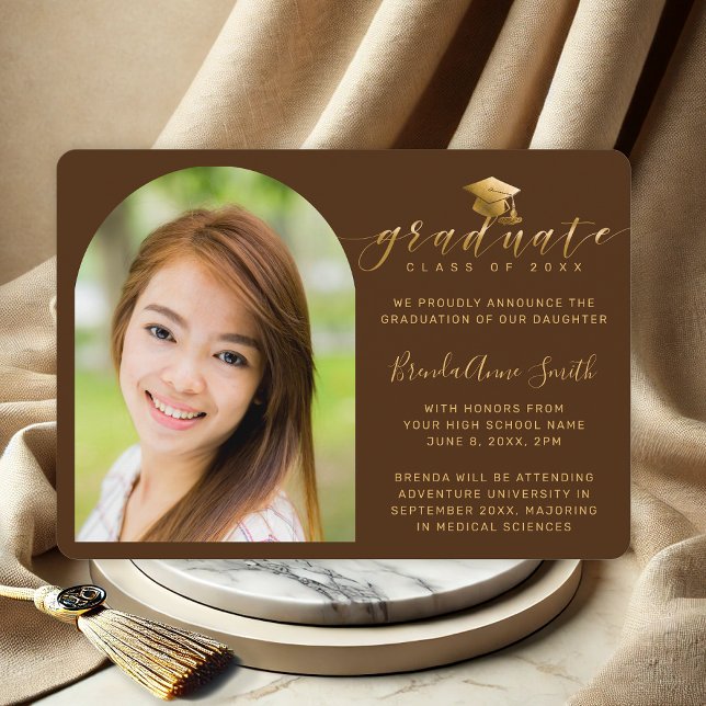 Modern Photo Gold Cap Script on Brown Graduation Announcement (Elegant Brown Gold Photo High School with College plans Graduation Announcement)