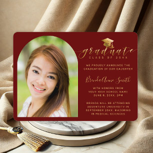 Modern Photo Gold Cap Script on Maroon Graduation Announcement