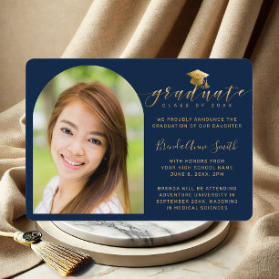 Modern Photo Gold Cap Script on Navy Graduation Announcement