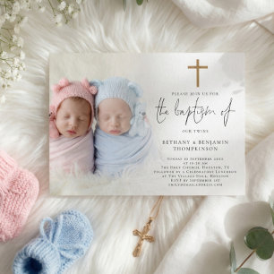 Modern Photo Gold Cross Twins Baptism Invitation
