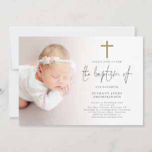 Modern Photo Gold Glitter Cross Baptism Invitation