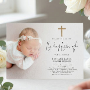 Modern Photo Gold Glitter Cross Baptism Invitation