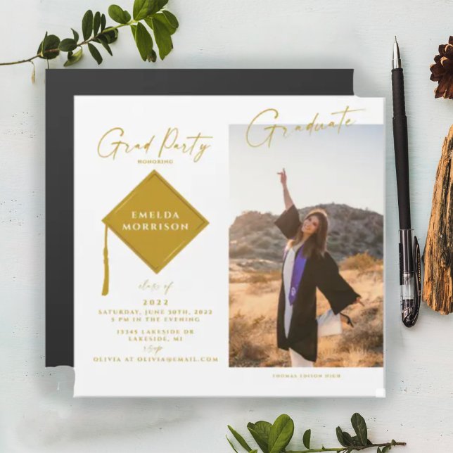 Modern Photo Gold Grad Party Magnetic Invitation (Creator Uploaded)