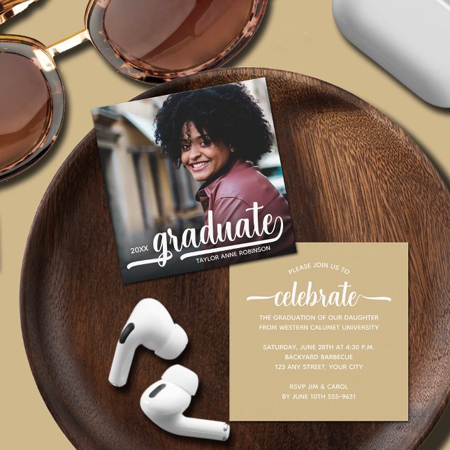 Modern Photo Gold Graduation Enclosure Card (Small 2.5" x 2.5" photo gold graduate invitation enclosure cards, hand out or put in announcements)