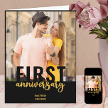 Modern Photo Gold Script 1st Wedding Anniversary Card<br><div class="desc">Frameworthy 1st Wedding Anniversary Card. The photo template is set up for you to add your favorite picture,  which is displayed in square format. The design features modern oversized typography and brush script in black and gold.</div>