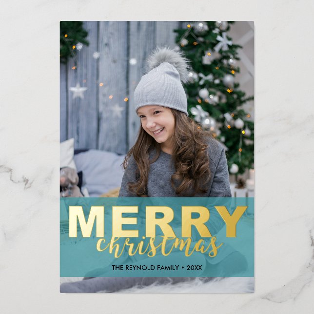 Modern Photo Gold Turquoise Mint Script Christmas Foil Holiday Card (Front)