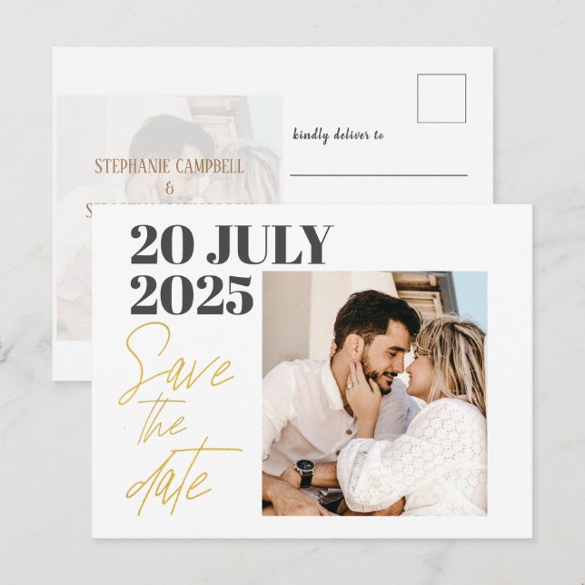 Modern photo Gold Typography SAVE THE DATE Announcement Postcard (Front/Back)
