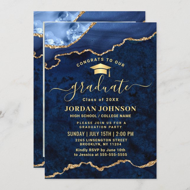 Modern PHOTO Golden Blue Marble Graduation Party  Invitation (Front/Back)