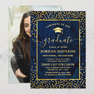 Modern PHOTO Golden Blue Marble Graduation Party Invitation