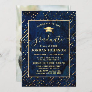 Modern PHOTO Golden Blue Marble Graduation Party Invitation