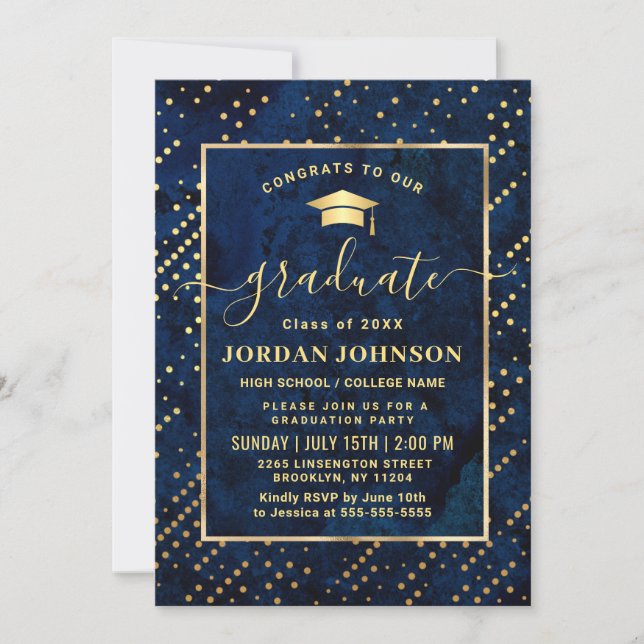 Modern PHOTO Golden Blue Marble Graduation Party Invitation (Front)