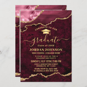 Modern PHOTO Golden Red Marble Graduation Party  Invitation