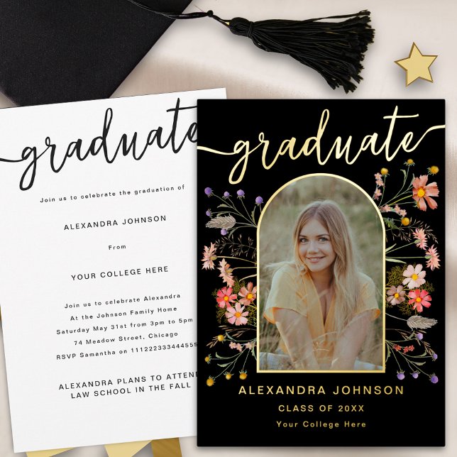Modern Photo Graduate Announcement Party Gold (Modern arch photo gold foil script watercolor floral graduation announcement party invitation )