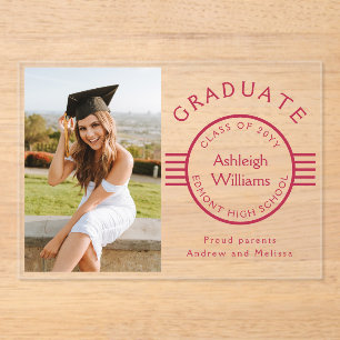 Modern Photo Graduate Magenta Stripes Graduation Acrylic Invitations