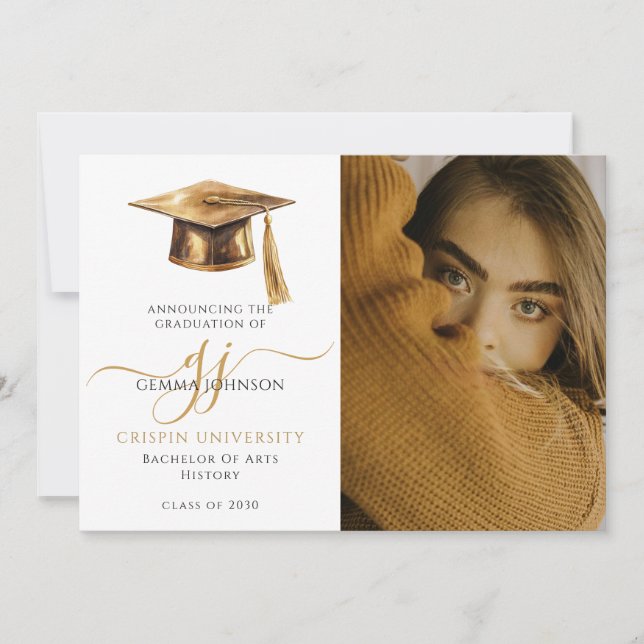 Modern Photo Graduation Announcement Gold Script (Front)