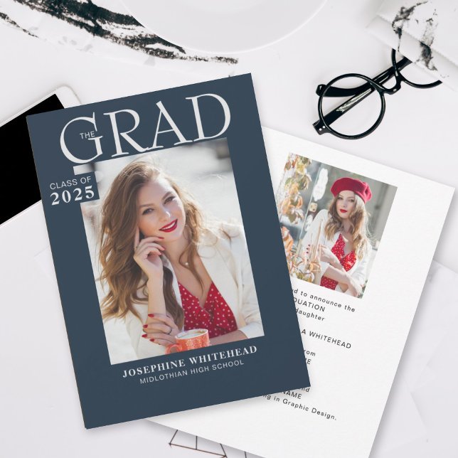 Modern Photo Graduation Announcement Navy Blue (Creator Uploaded)