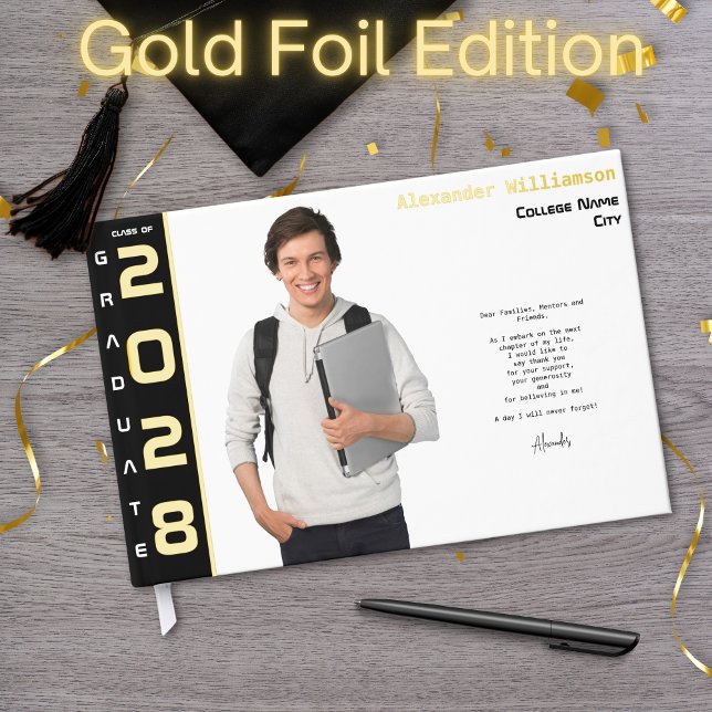 Modern Photo Graduation Black Gold Foil Guest Book (Creator Uploaded)