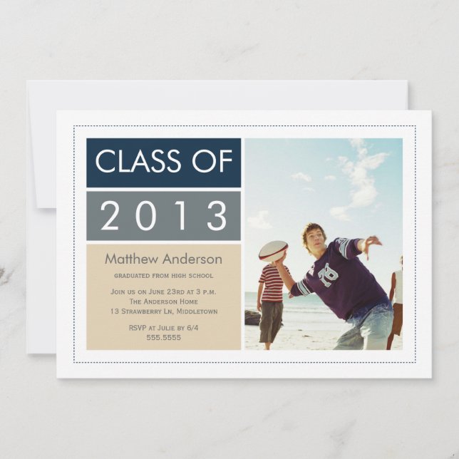 Modern Photo Graduation Invitation - Blue/Tan (Front)
