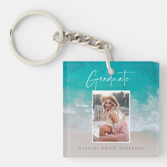 Modern photo graduation ocean beach script  key ring (Front)