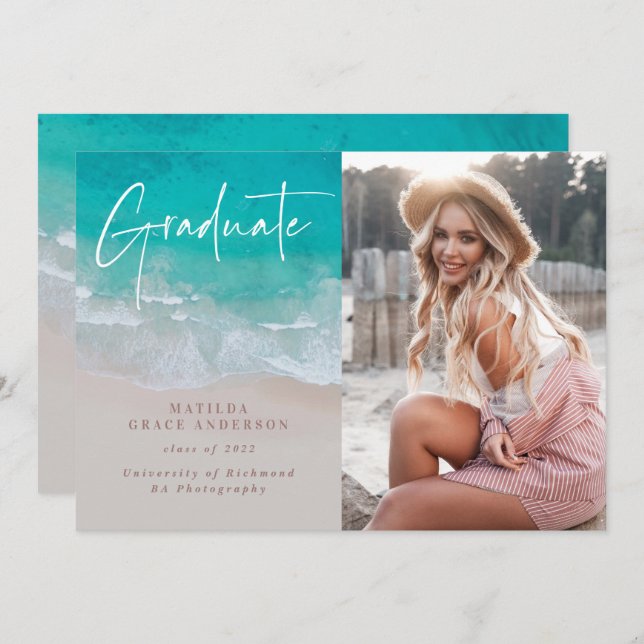 Modern photo graduation ocean beach script modern (Front/Back)