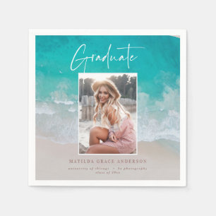Modern photo graduation ocean beach script napkin