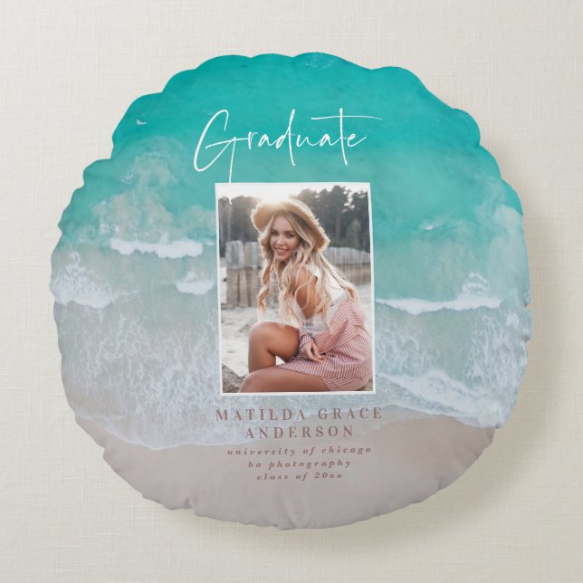 Modern photo graduation ocean beach script  round cushion (Front)