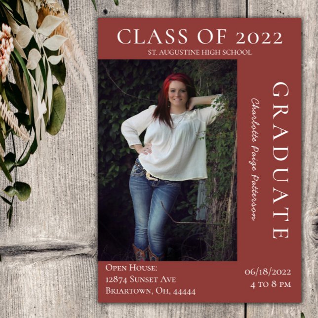 Modern Photo Graduation Open House | Warm Red Invitation (Warm Red Modern Photo Graduation Open House Invitation)