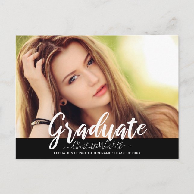 Modern Photo Graduation Party Black Banner Invitation Postcard (Front)