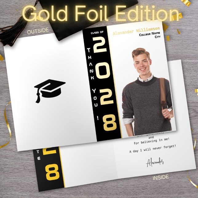 Modern Photo Graduation Thank You Black Gold  Foil Greeting Card (Creator Uploaded)