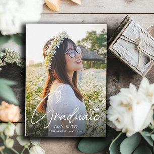 Modern Photo Graduation White Script Invitation