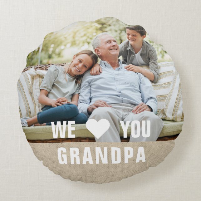 Modern Photo Grandpa Script Heart Round Cushion (Back)