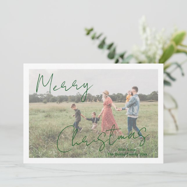 Modern Photo Green Rustic Script Elegant Christmas Holiday Card (Standing Front)