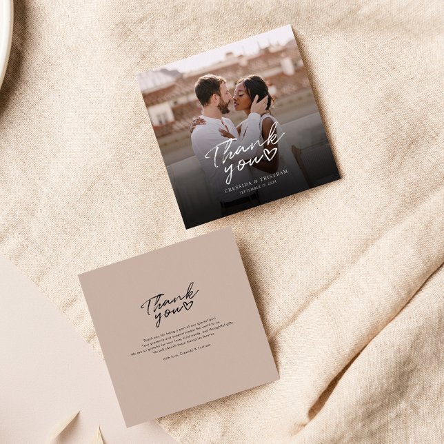 Modern Photo Hand-Lettered Wedding Thank You Card (Elegant Photo Wedding Tan Thank You Mini Card)