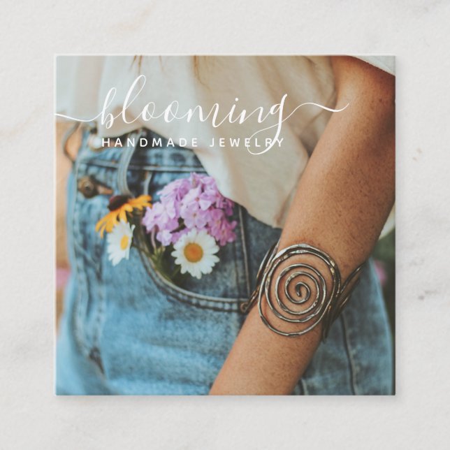 Modern photo handmade jewellery script social medi square business card (Front)