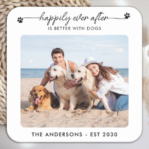 Modern Photo Happily Ever After Dog Pet Wedding Square Paper Coaster