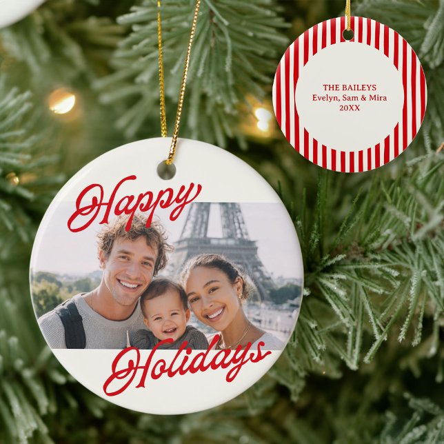Modern Photo Happy Holidays Family Keepsake Ceramic Ornament (Creator Uploaded)