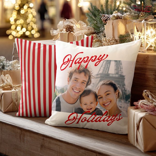 Modern Photo Happy Holidays Family Keepsake Cushion (Creator Uploaded)