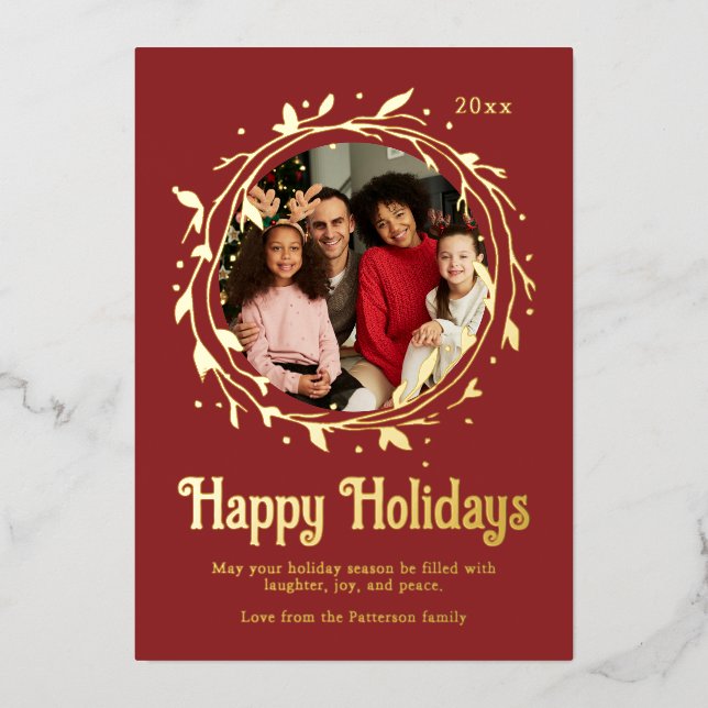 Modern Photo Happy Holidays Script Wreath Foil Holiday Card (Front)