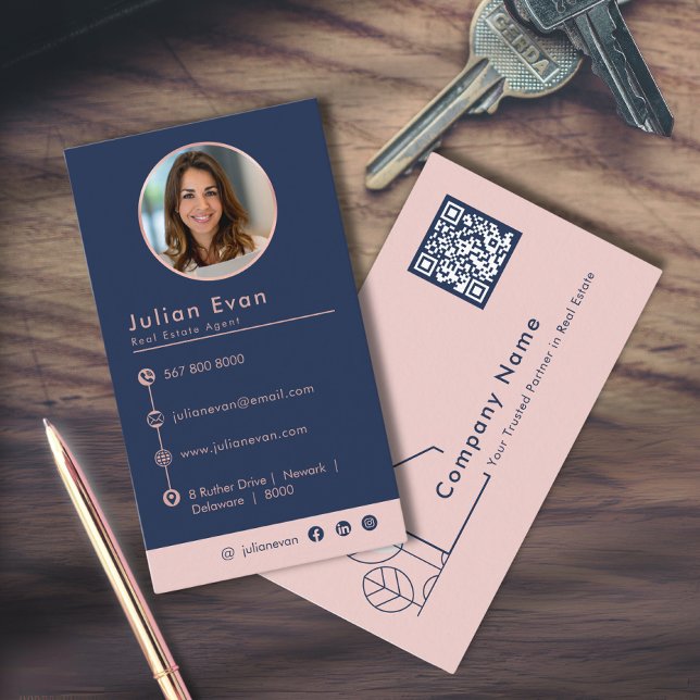 Modern Photo House Logo Blush Navy Blue Realtor Business Card (Creator Uploaded)