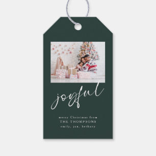 Modern Photo Joyful Script Green Christmas Gift Tags