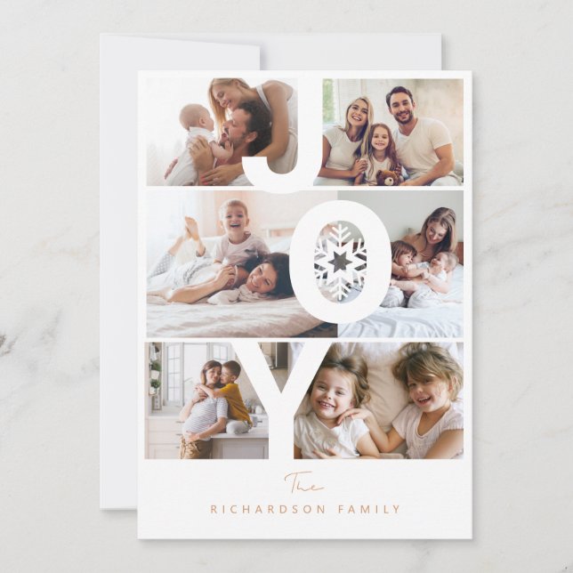 Modern Photo Layout Joy Typographic Snowflake Holiday Card (Front)