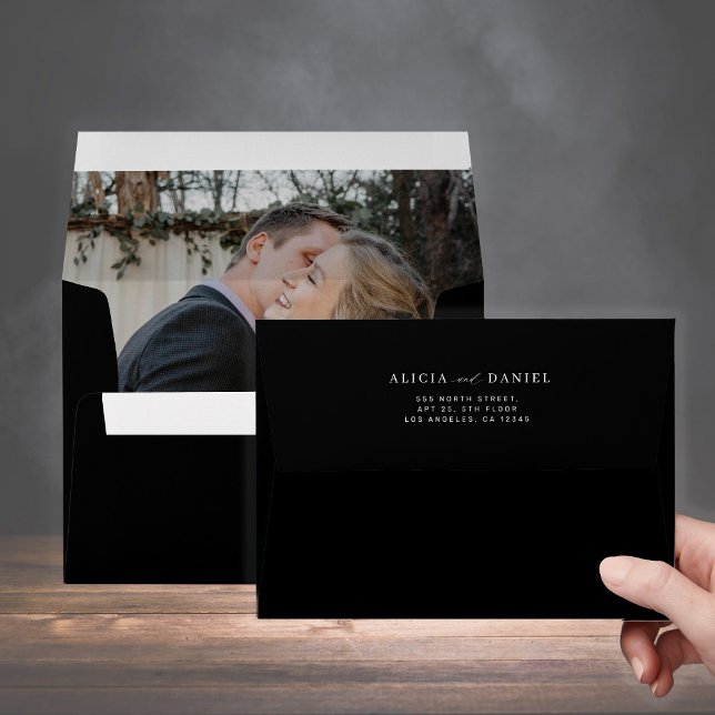 Modern photo liner wedding return address black envelope (Creator Uploaded)