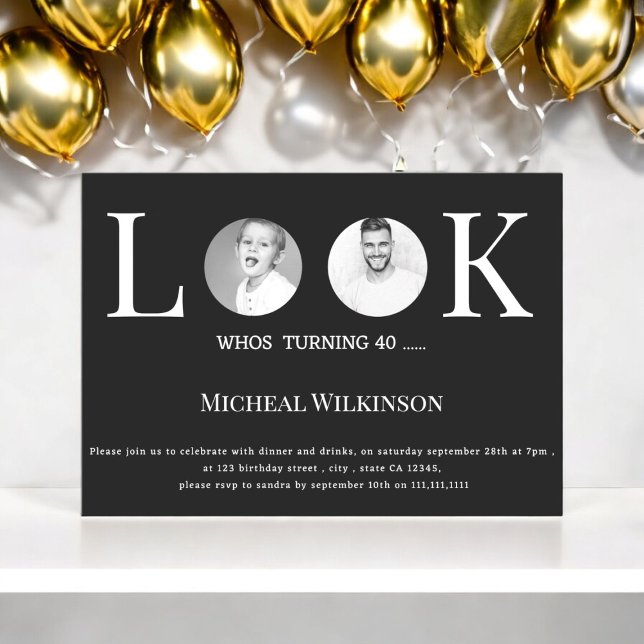 modern photo look whos 40 birthday  invitation (40th birthday,40th birthday party,adult,photo,funny,elegant 40th birthday,simple 40th birthday,)
