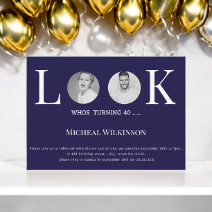modern photo look whos 40  navy blue birthday  invitation