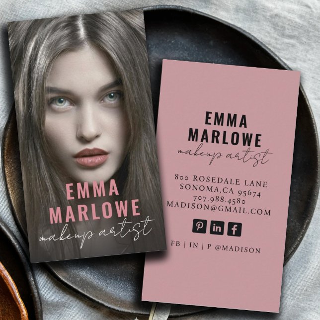 Modern Photo Makeup Artist Smoky Dusty Rose Business Card (Creator Uploaded)