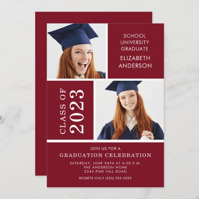 Modern Photo Maroon Graduation Invitation (Front/Back)