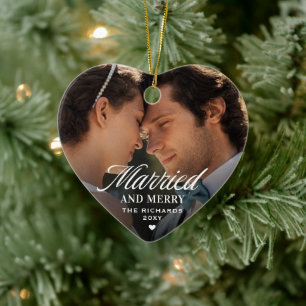 Modern Photo Married Merry First Christmas Heart Ceramic Ornament